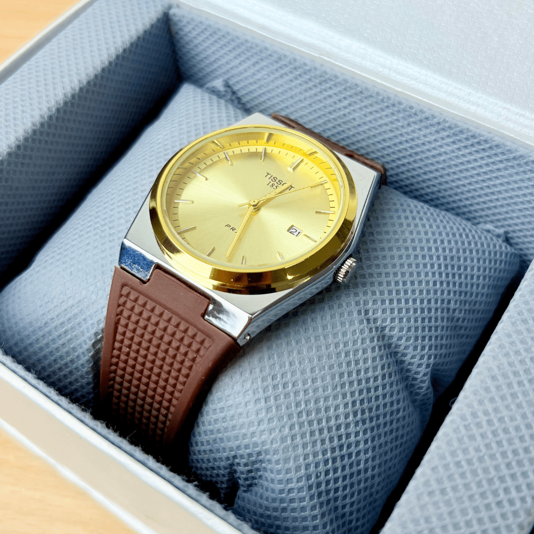 Tissot PRX - Gold Dial - Brown Rubber Strap