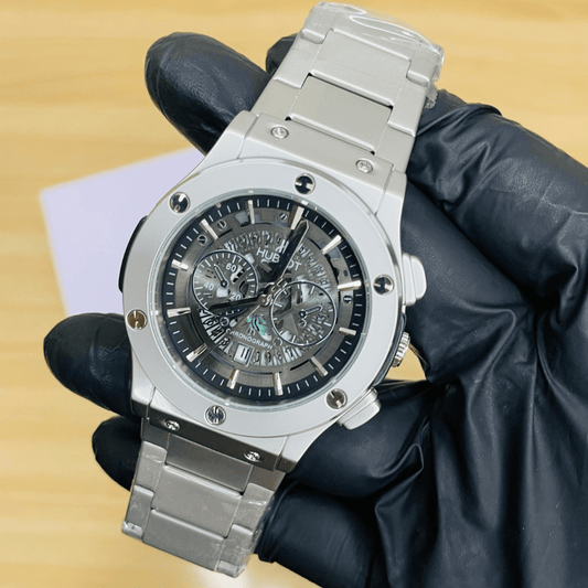 HB Premium Skeleton Watch - Luxury Silver Matte Chain