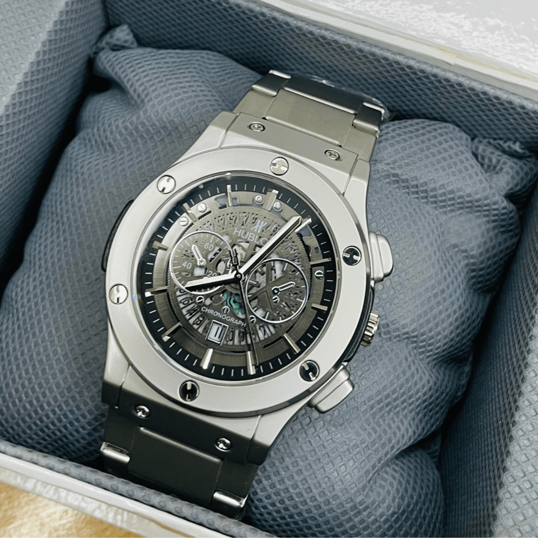 HB Premium Skeleton Watch - Luxury Silver Matte Chain