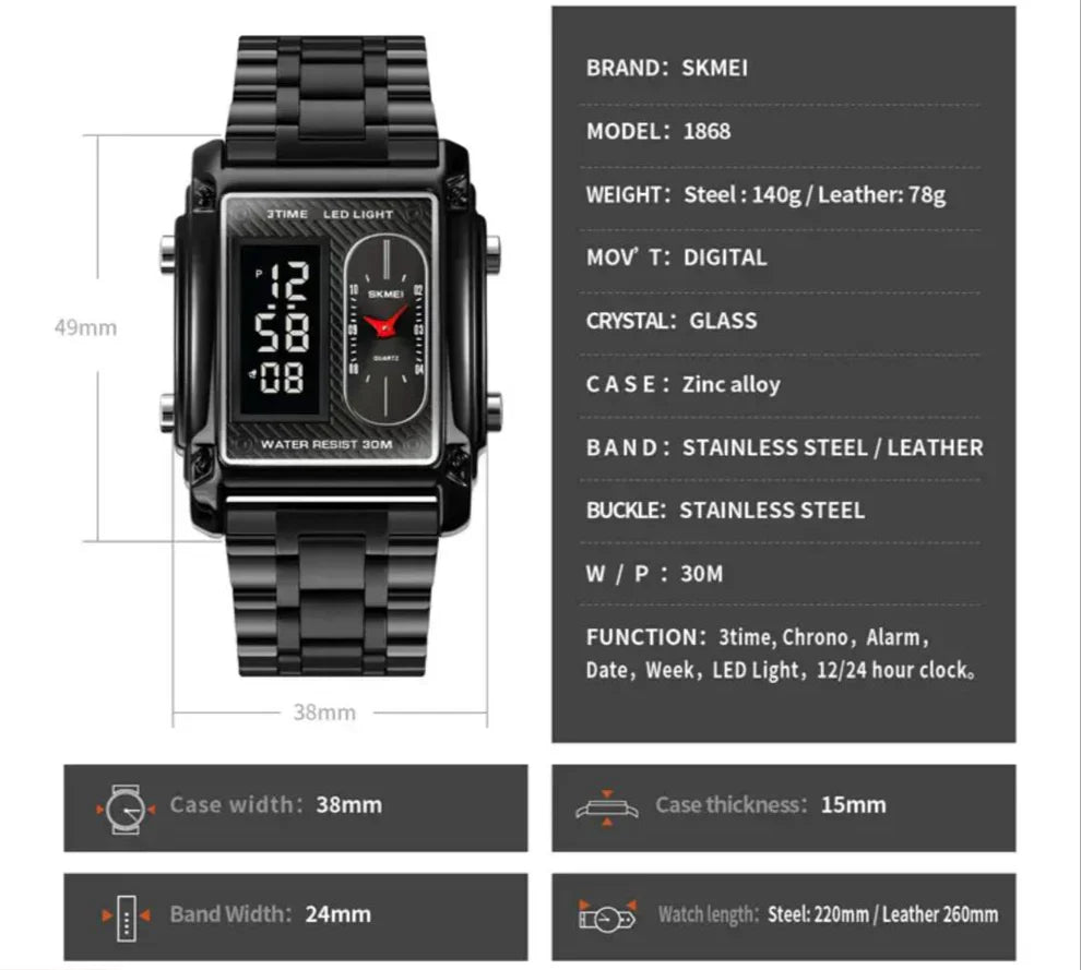 Original SKMEI - 3 Time - Water Resistant (30M) - Black
